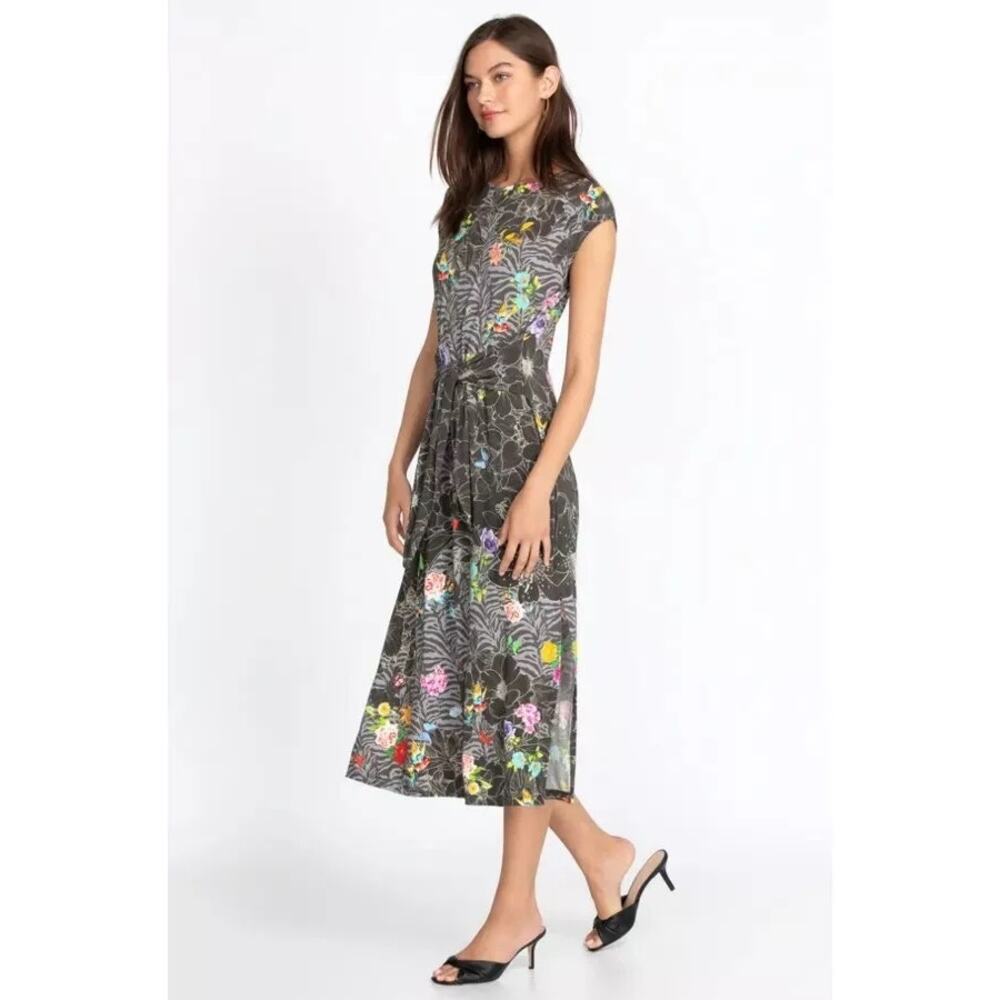 Johnny Was Zippy Floral Midi Dress Tie Waist Boho Cotton Grey Multicolor Size XS - Picture 5 of 10